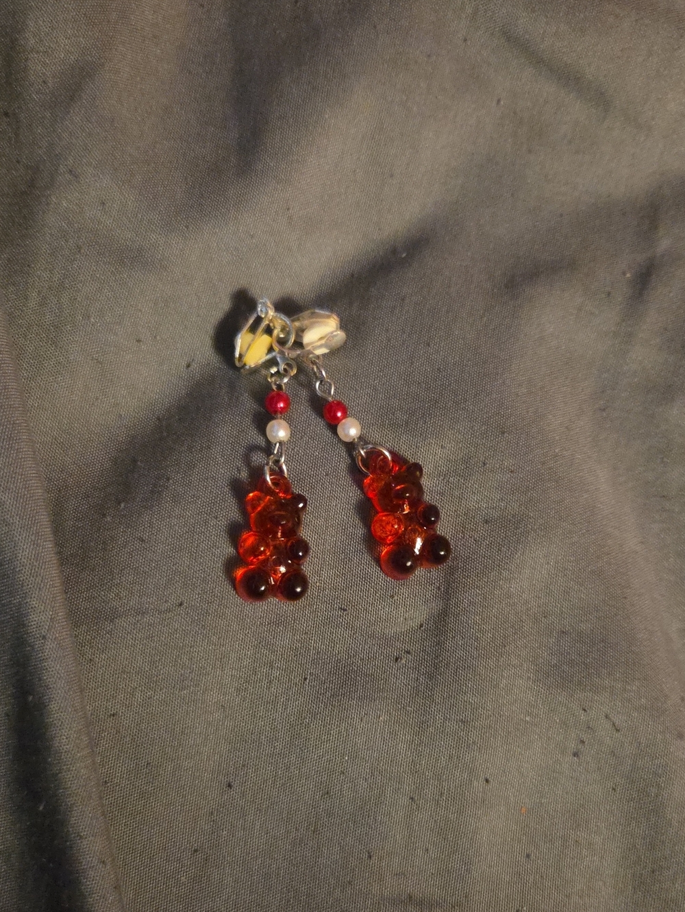 Red Gummy Bear Dangle Earrings with Bead Accents - Women Jewelry (Handmade)